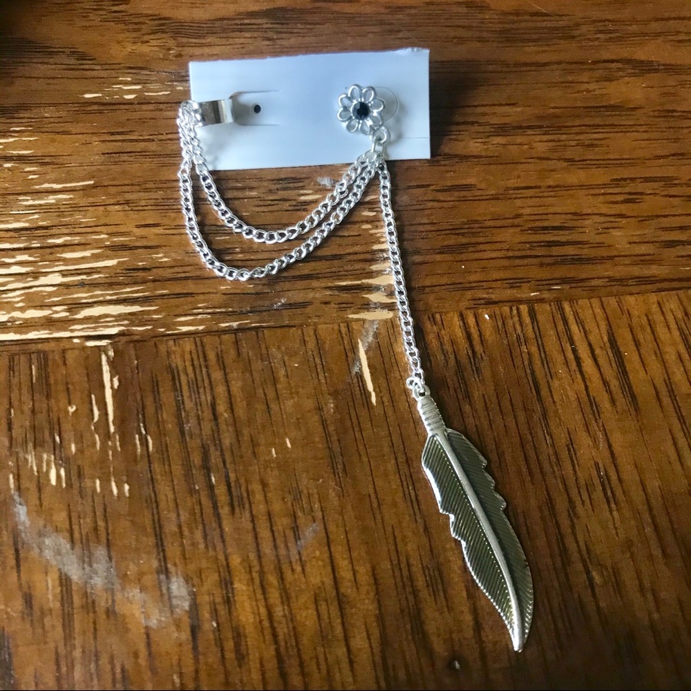 Silver Flower + Leaf Cuff Connector Earring